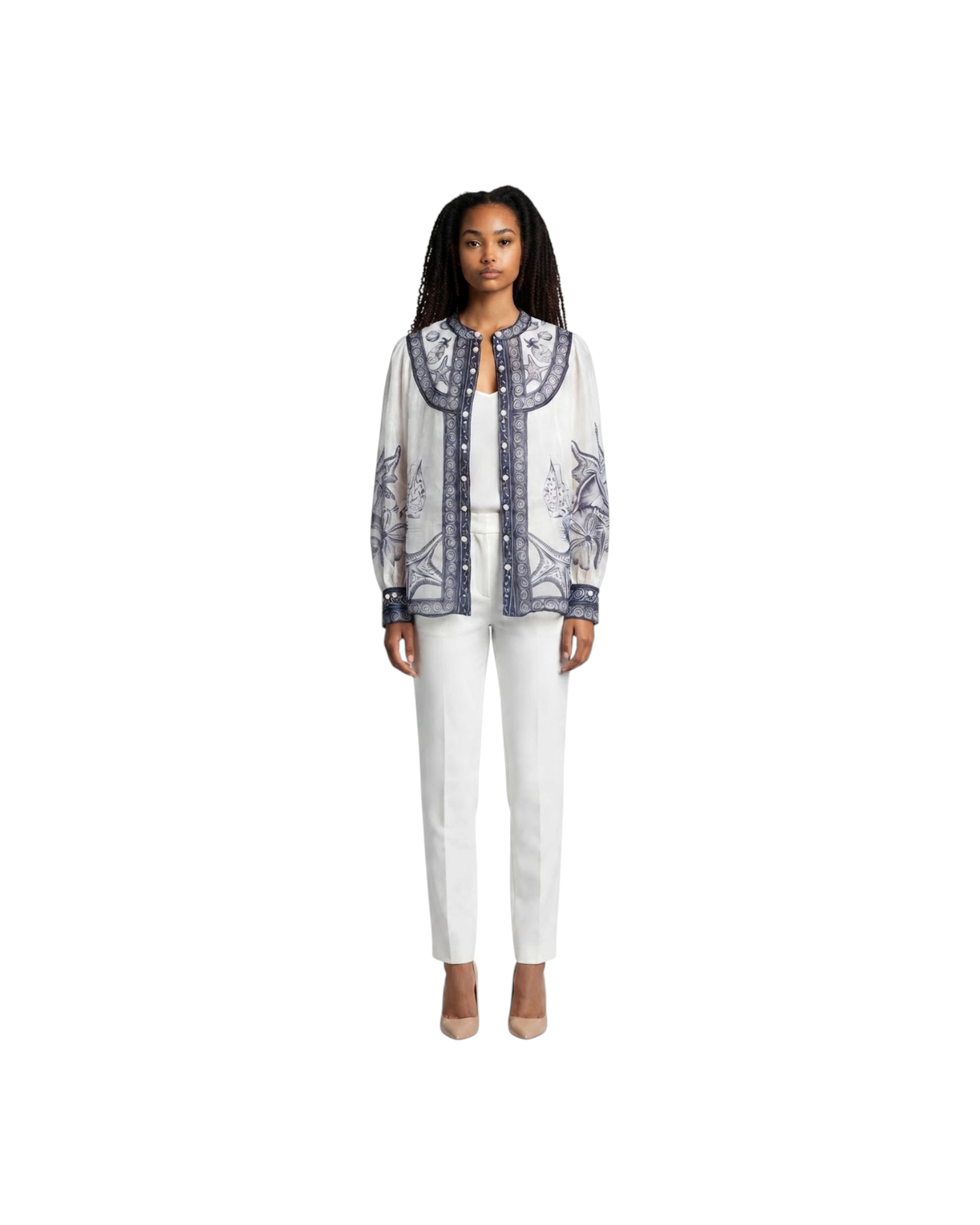 FARM RIO COAST SCARF OFF-WHITE LONG SLEEVE BLOUSE-COAST SCARF OFF-WHITE MODEL