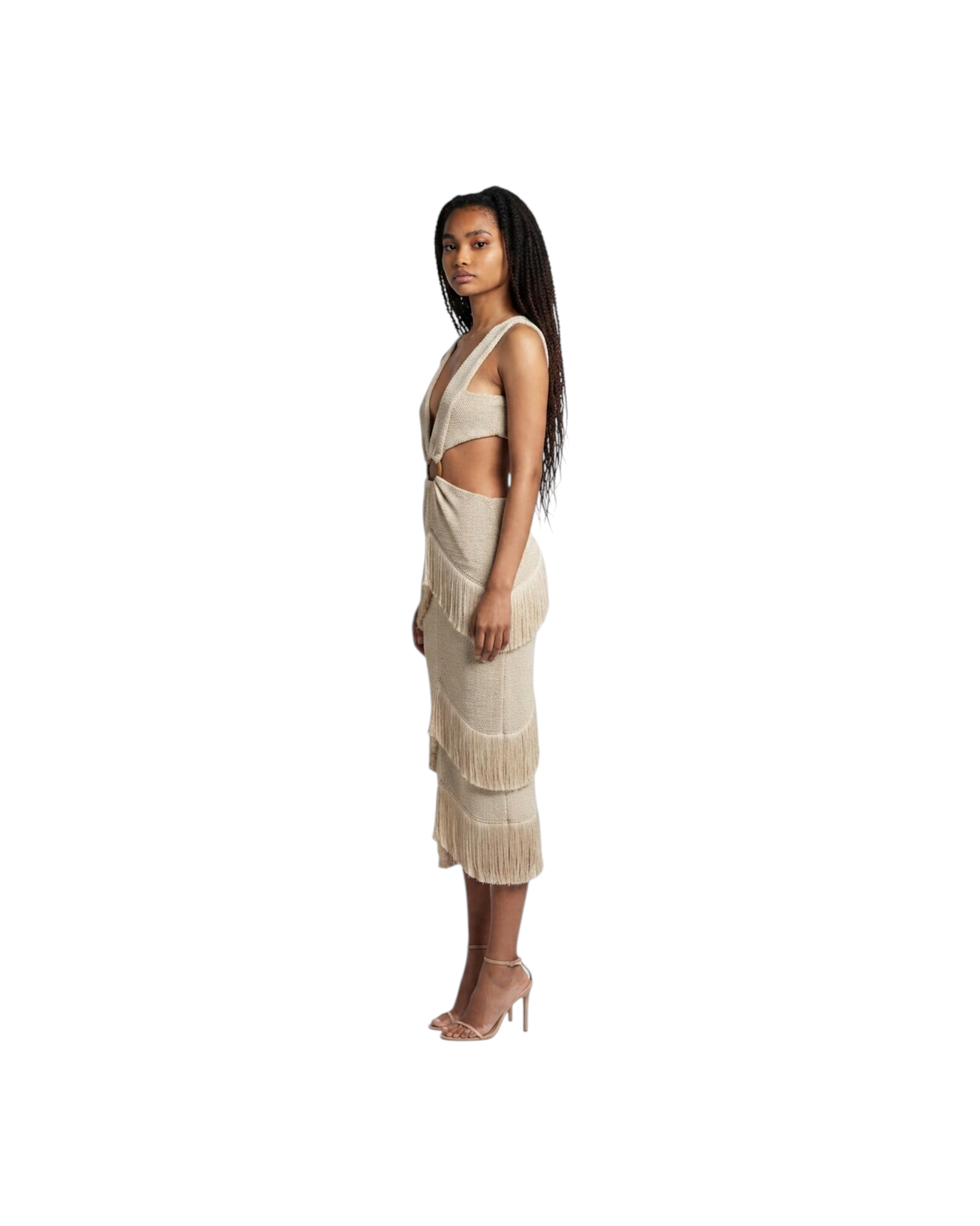 PATBO METALLIC KNIT MIDI DRESS WITH FRINGE TRIM MODEL