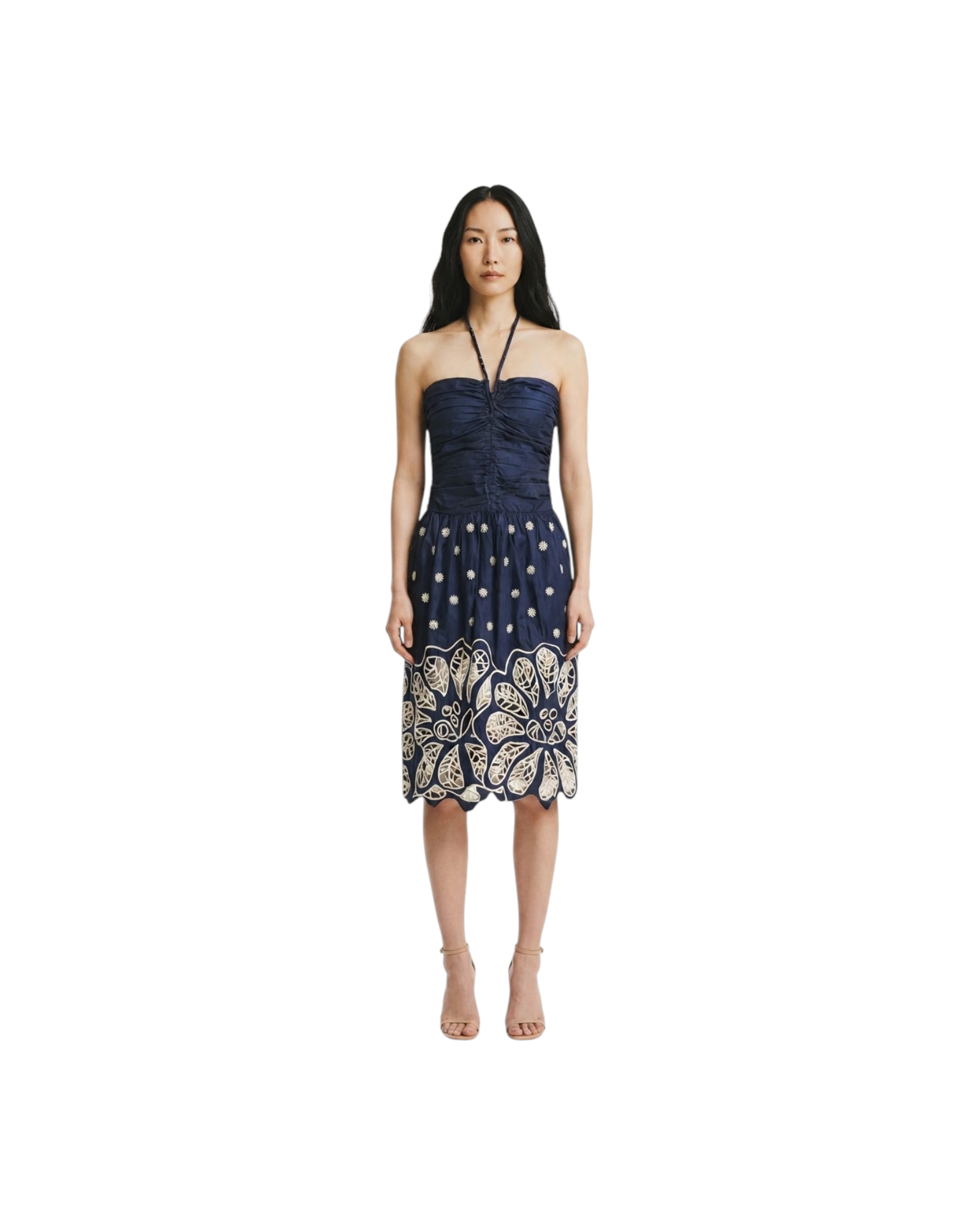 FARM RIO BICOLOR RICHILIEUR SLEEVELESS MIDI DRESS-DARK BLUE MODEL