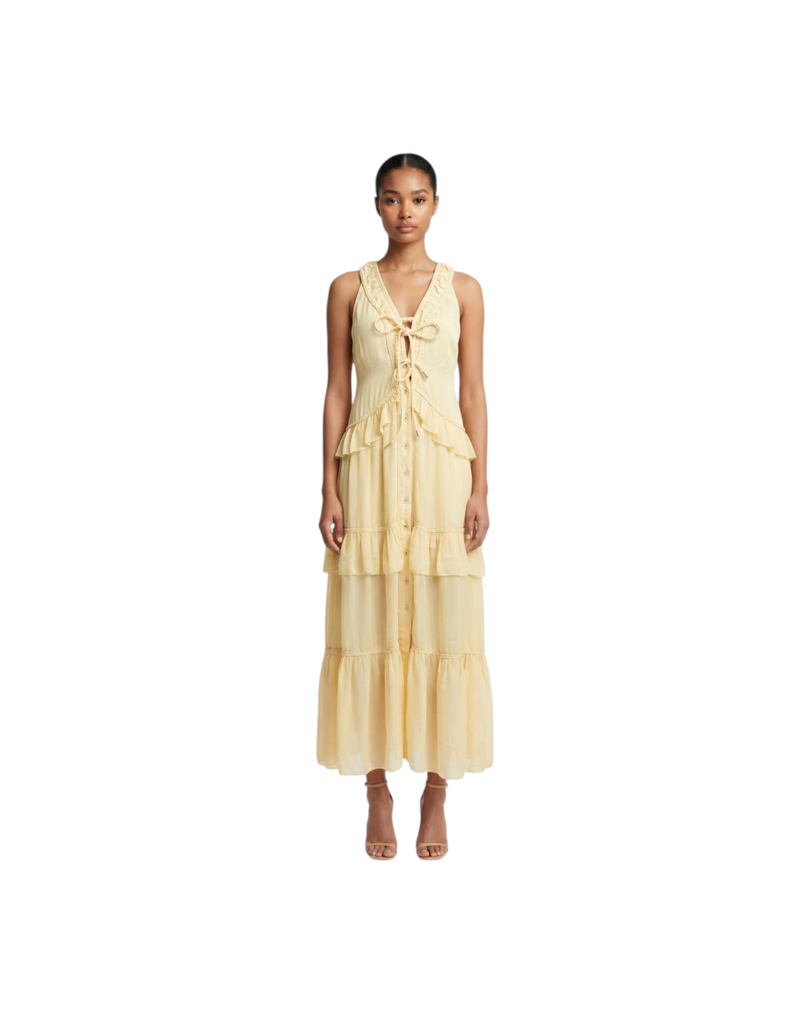 FARM RIO BUTTER YELLOW MAXI BRAIDED DRESS-YELLOW MODEL