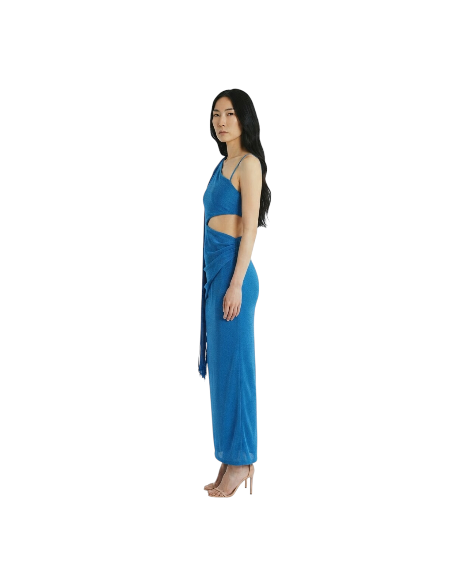 PATBO FRINGE TRIM ONE SHOULDER MAXI DRESS MODEL