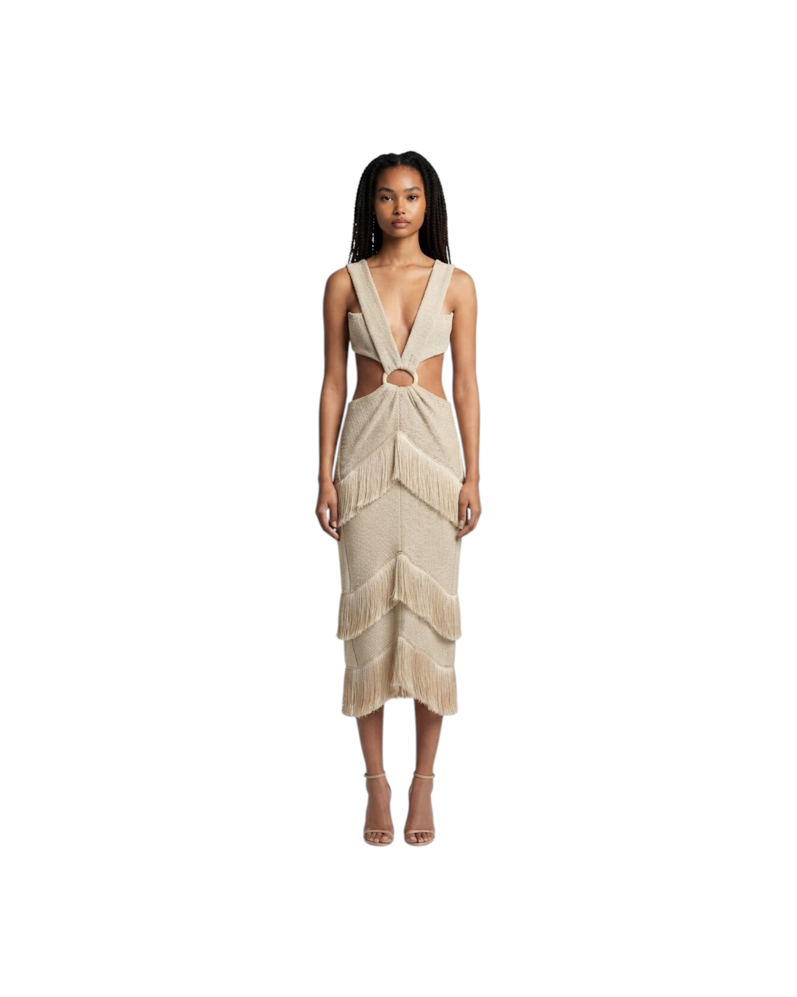 PATBO METALLIC KNIT MIDI DRESS WITH FRINGE TRIM MODEL
