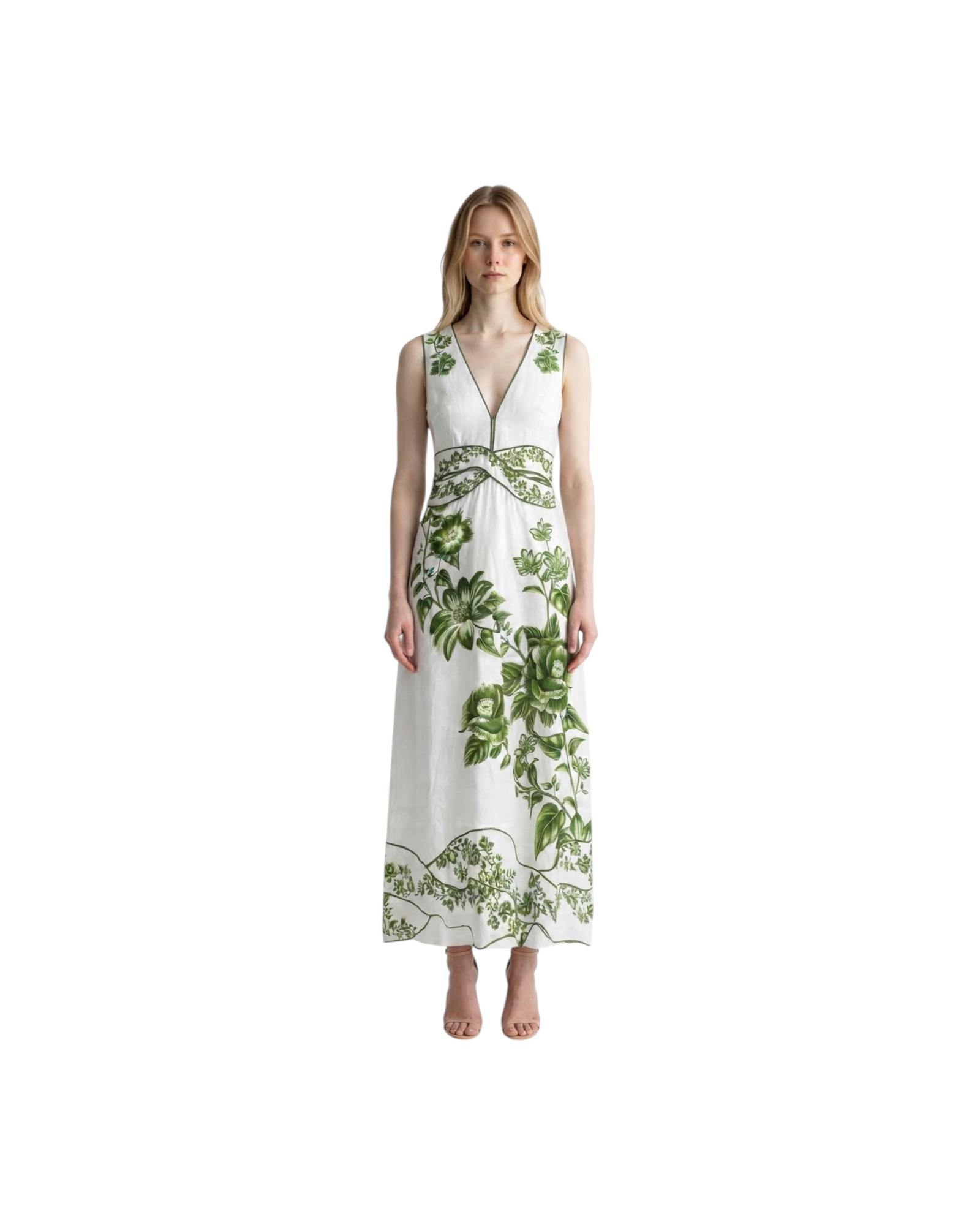 FARM RIO GREEN FLORAL CASCADE MAXI MODEL