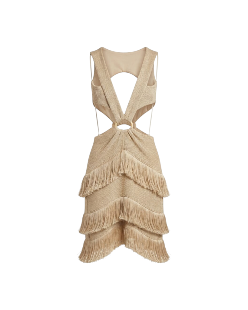 PATBO METALLIC KNIT MIDI DRESS WITH FRINGE TRIM