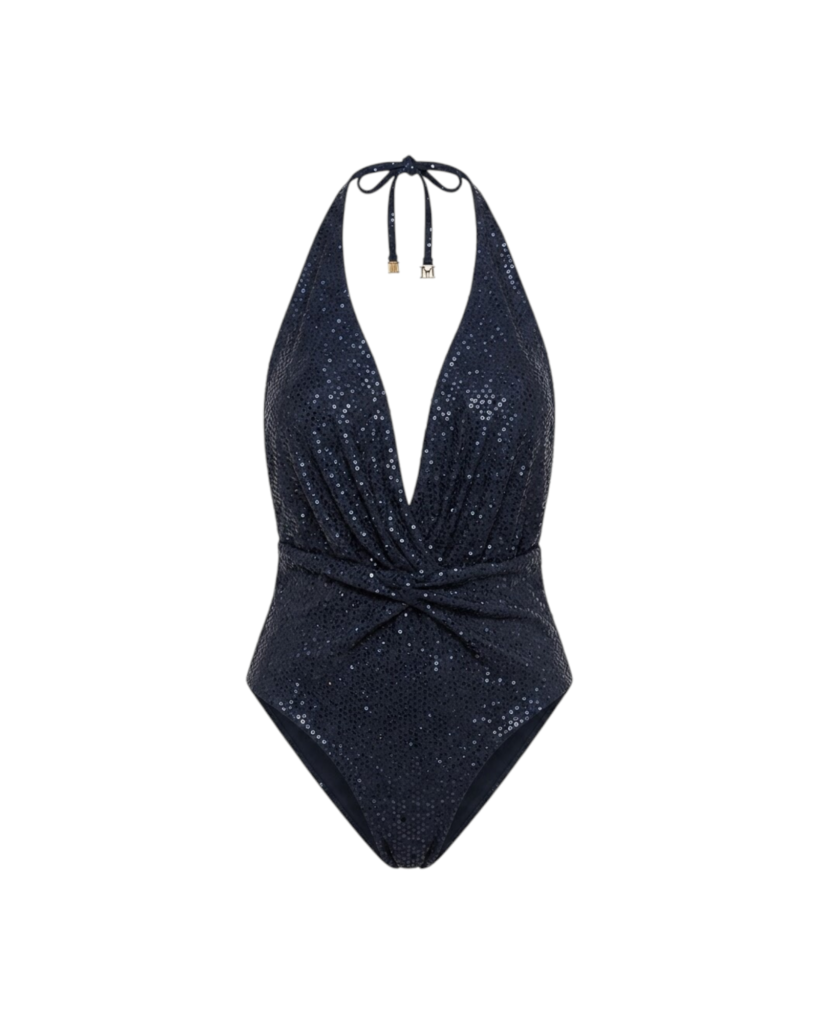 BALMAIN PAILLETTES PRINT/DRAPED SWIMSUIT