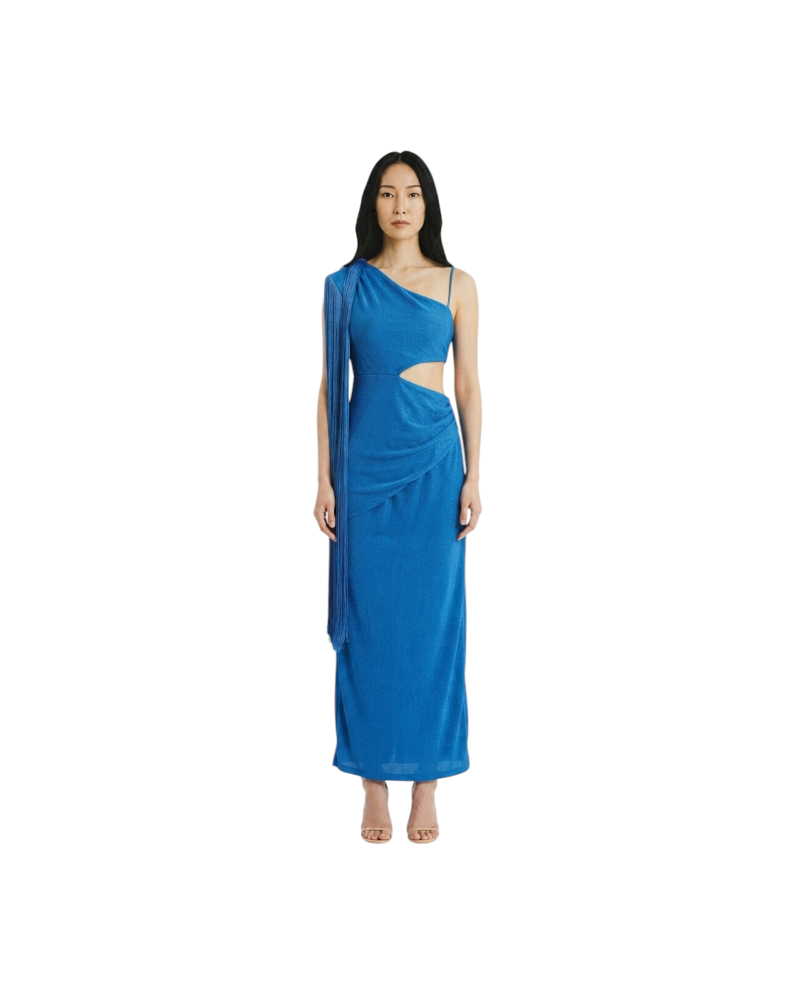 PATBO FRINGE TRIM ONE SHOULDER MAXI DRESS MODEL