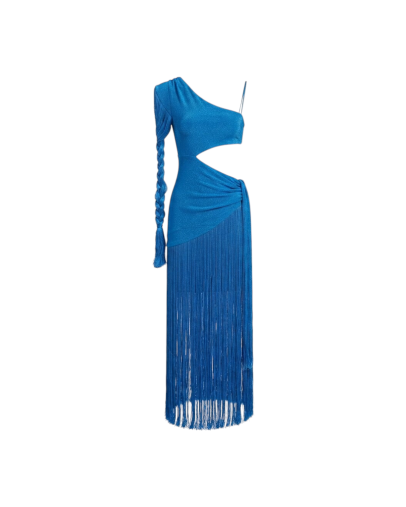 PATBO FRINGE TRIM ONE SHOULDER MAXI DRESS