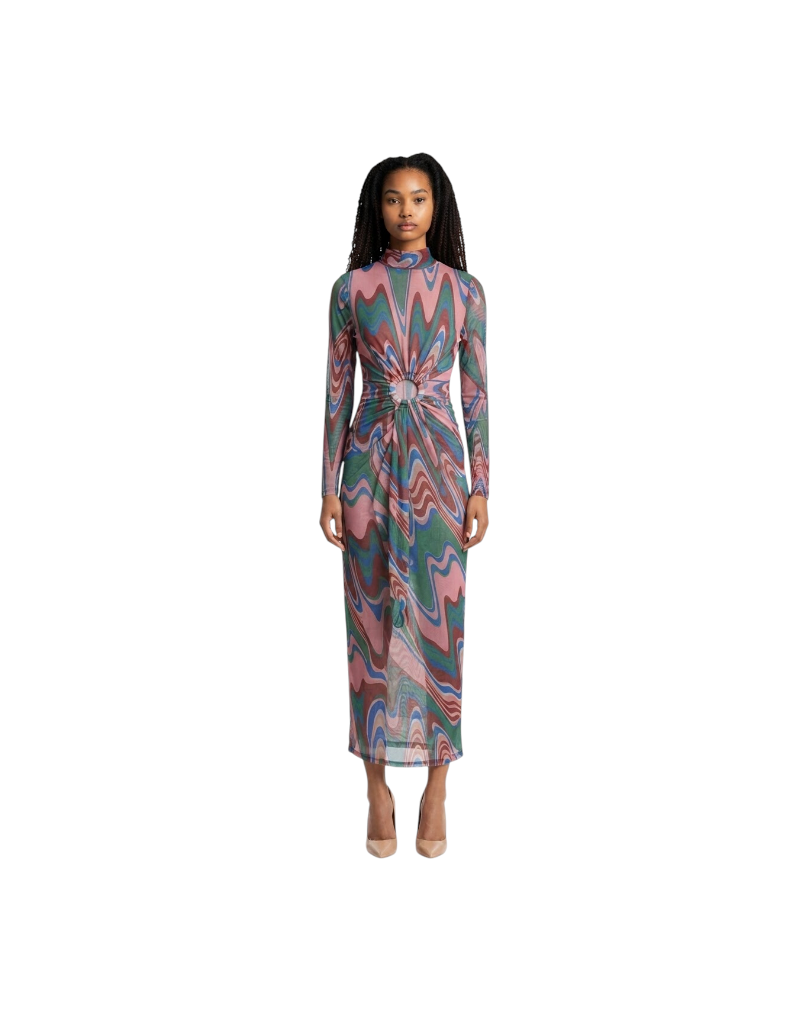 PATBO WAVE PRINTED TULLE CUT-OUT MAXI DRESS MODEL